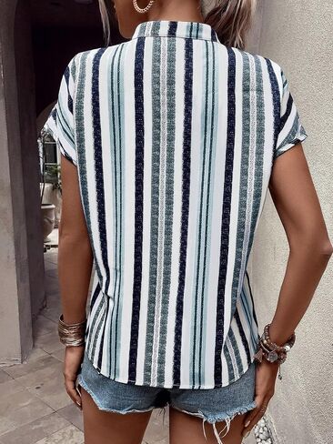 SOLY HUX Women's Striped Notched Neck Short Sleeve Summer Blouse Tops in Saudi Arabia