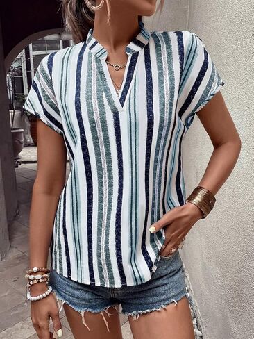 SOLY HUX Women's Striped Notched Neck Short Sleeve Summer Blouse Tops in Saudi Arabia
