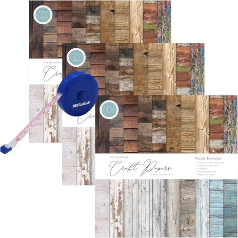 Wood Textures 12"X12" Paper Pad, 1.25 Lbs, With Bundle Of Fabric Measuring Tape - 20 Double-Sided Designs,180gsm Acid Cardstock For Scrapbooking, Card Making [Pack Of 3] in Saudi Arabia