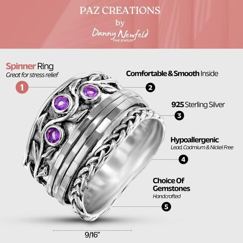 Paz Creations 925 Sterling Silver Spinner Rings for Women With Natural Gemstones - Hammered Pattern Thick Band - Handcrafted Artisan Jewelry - Fidget Rings - Gift For Her in Kuwait