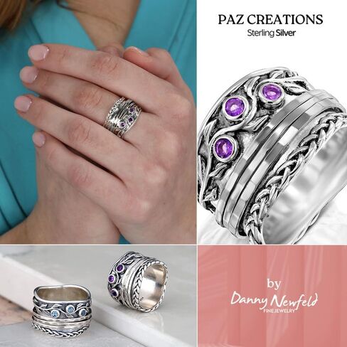 Paz Creations 925 Sterling Silver Spinner Rings for Women With Natural Gemstones - Hammered Pattern Thick Band - Handcrafted Artisan Jewelry - Fidget Rings - Gift For Her in Kuwait