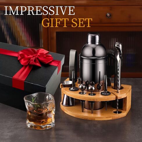 Bartender Kit with Bamboo Stand, 12 Piece 25oz Cocktail Shaker Set with All Essential Bar Tools Set for Drink Mixing, Ideal Gifts for Cocktail Lovers, Home Bar Bartending Kit with Cocktail Recipes in Saudi Arabia
