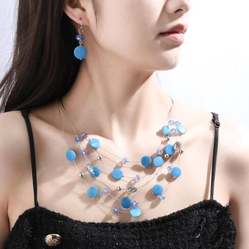 Jules D. Multi Layered Shell Illusion Necklace Earring Set Colorful Chunky Beads Necklace for Women Gifts in Saudi Arabia