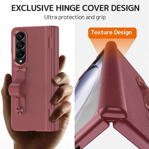 حافظة جلدية متوافقة مع NINKI لهاتف Samsung Galaxy Z Fold 3 مع حزام وواقي شاشة باللون الأحمر الخمري، حافظة بمقبض من الدرجة العسكرية لهاتف Galaxy Z Fold 3 مع حزام يد، حافظة هاتف Galaxy Z Fold 3 مع سوار معصم in Saudi Arabia