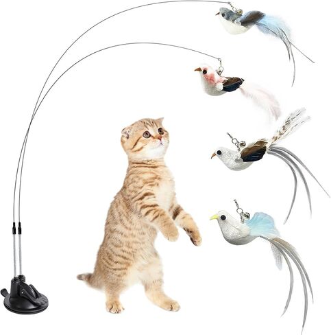 Flying Bird Cat Toy Set Realistic Bird Impression, 2 in 1 Suction Cup Cat Toy Offers Double Excitement, 4 Flying Bird Interactive Cat Toy with Colorful Natural Feathers and Bell and 2 Cat Wands in Saudi Arabia