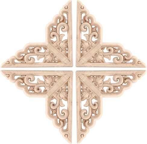 4PCS Corner Wooden Carving Decal Unpainted Wood Appliques Onlays DIY Wood Carved Furniture Appliques Onlays for Wall Bed Door Wardrobe Cabinet Furniture Decoration(04,15x15cm/5.91x5.91inch) in Saudi Arabia