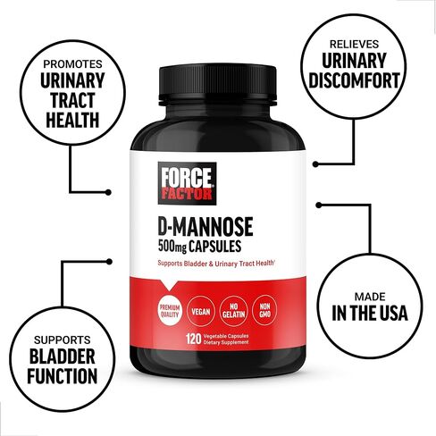 FORCE FACTOR D Mannose, D-Mannose 500mg Supplement to Support Urinary Tract Health for Women and Men, Bladder Control Supplements, Premium Quality, Vegan, Non-GMO, 120 Capsules in Saudi Arabia