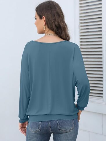 قمصان Lyrur Dolman سادة بأكمام طويلة للنساء كاجوال للخريف برقبة قارب وبلوزة علوية أساسية فضفاضة in Kuwait