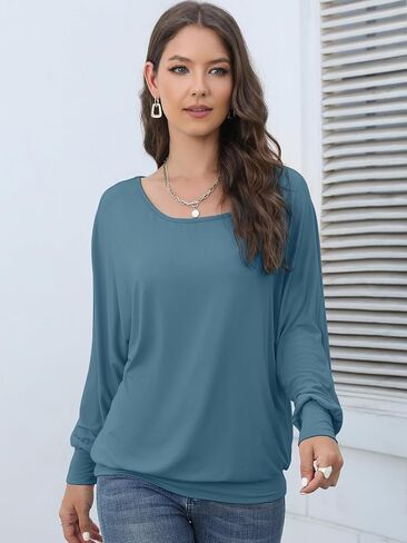 قمصان Lyrur Dolman سادة بأكمام طويلة للنساء كاجوال للخريف برقبة قارب وبلوزة علوية أساسية فضفاضة in Kuwait