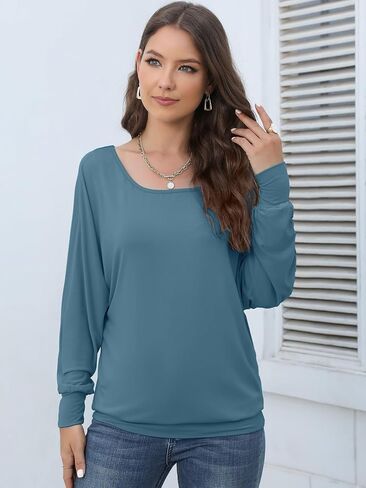 قمصان Lyrur Dolman سادة بأكمام طويلة للنساء كاجوال للخريف برقبة قارب وبلوزة علوية أساسية فضفاضة in Kuwait