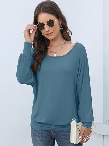 قمصان Lyrur Dolman سادة بأكمام طويلة للنساء كاجوال للخريف برقبة قارب وبلوزة علوية أساسية فضفاضة in Kuwait