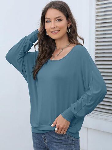 قمصان Lyrur Dolman سادة بأكمام طويلة للنساء كاجوال للخريف برقبة قارب وبلوزة علوية أساسية فضفاضة in Kuwait
