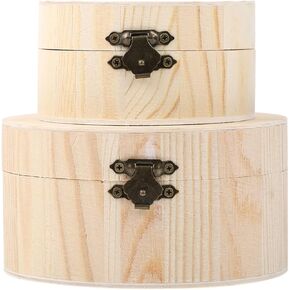 DOITOOL Round Wood Box, Wooden Box with Hinged Lid, Wooden Storage Box, Wood Jewelry Box, Wood Box for DIY Crafts Home Storage (1pc Small size and 1pc large size)