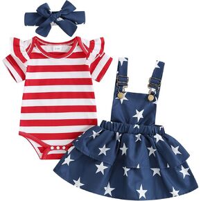Baby Girl 4th Of July Outfit Newborn Fourth Of July Romper+star Striped Suspender Dress+headband Set