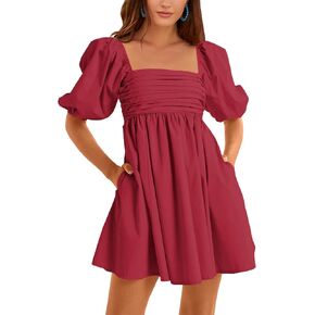 Ebifin Womens Square Neck Dresses Half Puff Sleeve High Waist A-Line Casual Backless Smocked Short Babydoll Mini Dress