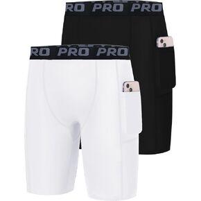 EXARUS Youth Boys Compression Shorts Side Pocket Performance Athletic Base Layers Underwear Running Sports Soccer Shorts