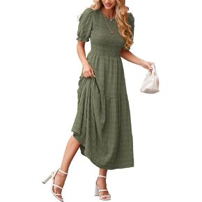 dowerme Women Summer Dresses 2023 Casual Puff Short Sleeve Crewneck Smocked Flowy Ruffle Boho Beach Party Maxi Dress