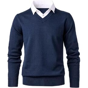 سترة رجالية متماسكة سترة صوفية عصرية ناعمة الملمس ورقبة على شكل حرف V مع ياقة قميص وهمية باللون الأزرق الداكن in Kuwait