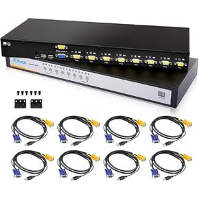 محول USB VGA KVM ذو 8 منافذ مع قائمة OSD - حامل حامل 1U - محول فيديو KVM لحامل 1U مقاس 19 بوصة، دقة تصل إلى 2048 × 1536 VGA، متوافق مع أنظمة التشغيل Windows وLinux وMac وSun، و8 كابلات USB/VGA متضمنة in Kuwait