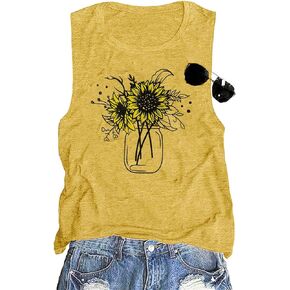 Sunflower Vase Tank Top for Women Sleeveless Summer Tops Cute Flower Bouquet Graphic Casual Vacation Shirt Top