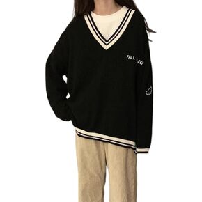 Korean Women's Sweater Academy Style V-Neck Letter Pullover Women's Casual Loose Sweater