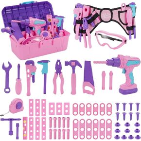 Kids Tool Set, 67 PCS Toddler Tool Box with Electronic Toy Drill & Realistic Kids Tape Measure, Pretend Play Construction Toy Kit with Tool Belt & Hammer, Toddler Tool Set for Girl Boy Ages 3+ (Pink)
