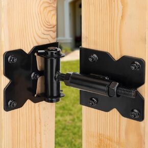 2pcs Self Closing Gate Hinges Heavy Duty Hardware for Wooden Fence Gates Vinyl, 90 Degree Adjustable Spring Gate Door Hinges Kit with Swing Adjuster Tool and Self-Tapping Screws, Black