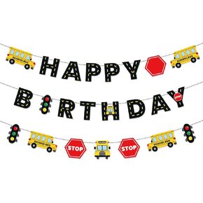 School Bus Happy Birthday Banner Wheels on the Bus Bday Party Garland for Kids Yellow Bus Birthday Party Decorations Back to School Banner Party Supplies