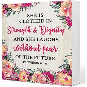 Proverbs 31:25 She is Clothed in Strength and Dignity Floral Wooden Sign Desk Decor,Bible Verse Wood Block Sign Desk Decorations for Christian Home Bedroom Girls Room Office Shelf Table Decor
