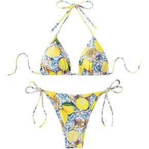 WDIRARA Women's 2 Piece Floral Print Tie Backless Halter Bikini Sets Summer Knot Side Boho Swimwear Set