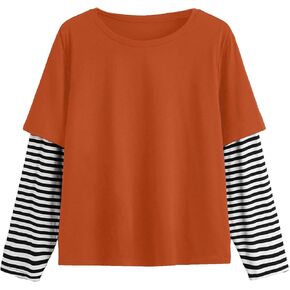 Floerns Women's Plus Size 2 in 1 Contrast Striped Long Sleeve Tee Shirts