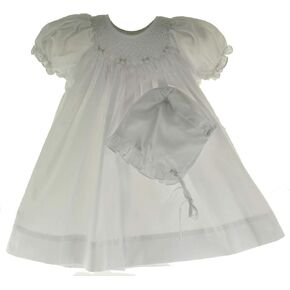 Girls White Smocked Dress with Bonnet Set Bishop Daygown