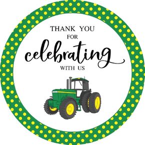 Tractor Thank You Stickers, 2" Green Yellow Farm Tractor Baby Shower or Birthday Party Favor Labels, Decorations, Seals, 40-Pack