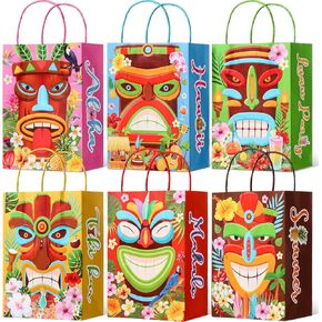 24 Pcs Luau Party Gift Bags Hawaiian Aloha Paper Bag Tiki Party Favor Bags Tropical Gift Bags with Handles Candy Treat Goodie Bags for Summer Hawaii Birthday Supplies Baby Shower Decorations, 6 Styles