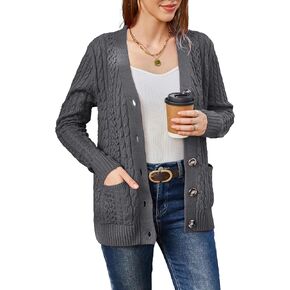 BuyiRen Women's Long Sleeve Cable Knit Cardigan Sweaters 2023 Fall Casual Open Front Button Sweater Outwear with Pockets