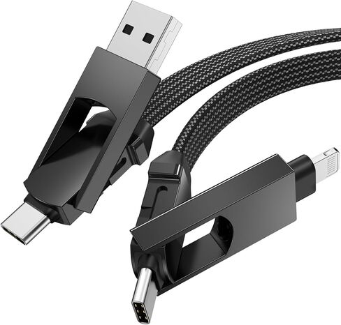 4 في 1 كابل USB C كابل لايتنينج PD 60 وات شحن سريع ومزامنة البيانات مغناطيسي مسطح مضفر من سبائك الزنك سلك شاحن متعدد لهاتف iPhone 15/15 Pro/15 Max/15 Plus / iphone14 13 12 iPad MacBook، 5 أقدام أسود in Kuwait
