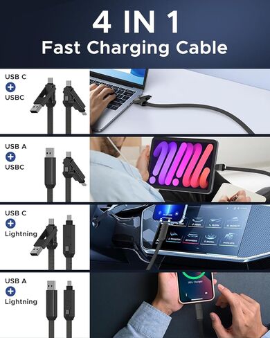4 في 1 كابل USB C كابل لايتنينج PD 60 وات شحن سريع ومزامنة البيانات مغناطيسي مسطح مضفر من سبائك الزنك سلك شاحن متعدد لهاتف iPhone 15/15 Pro/15 Max/15 Plus / iphone14 13 12 iPad MacBook، 5 أقدام أسود in Kuwait