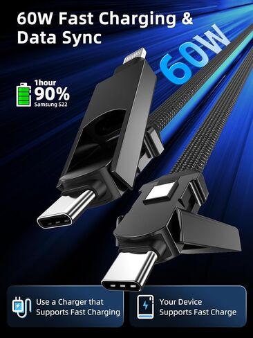 4 في 1 كابل USB C كابل لايتنينج PD 60 وات شحن سريع ومزامنة البيانات مغناطيسي مسطح مضفر من سبائك الزنك سلك شاحن متعدد لهاتف iPhone 15/15 Pro/15 Max/15 Plus / iphone14 13 12 iPad MacBook، 5 أقدام أسود in Kuwait