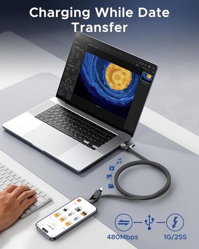4 في 1 كابل USB C كابل لايتنينج PD 60 وات شحن سريع ومزامنة البيانات مغناطيسي مسطح مضفر من سبائك الزنك سلك شاحن متعدد لهاتف iPhone 15/15 Pro/15 Max/15 Plus / iphone14 13 12 iPad MacBook، 5 أقدام أسود in Kuwait