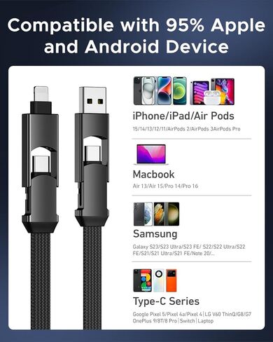 4 في 1 كابل USB C كابل لايتنينج PD 60 وات شحن سريع ومزامنة البيانات مغناطيسي مسطح مضفر من سبائك الزنك سلك شاحن متعدد لهاتف iPhone 15/15 Pro/15 Max/15 Plus / iphone14 13 12 iPad MacBook، 5 أقدام أسود in Kuwait