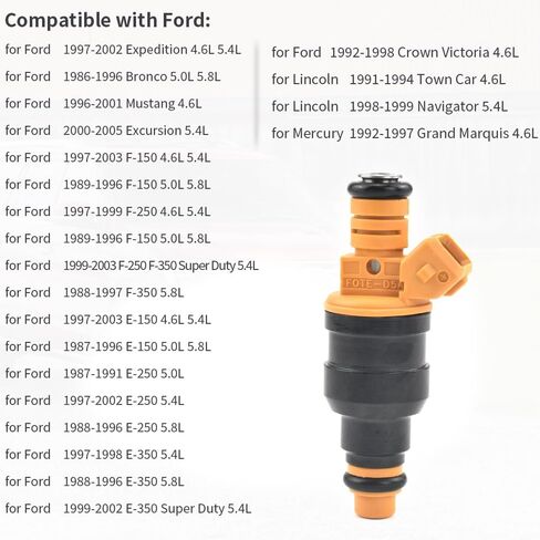 مجموعة من 8 حاقن وقود، متوافق مع 4.6L 5.0L 5.4L 5.8L Ford، Lincoln، Mercury Vehicles E150، E250، E350، F150، F250، F350 Mustang، استبدال # 280150943 0280150939 0280150909 0280150943 in Kuwait