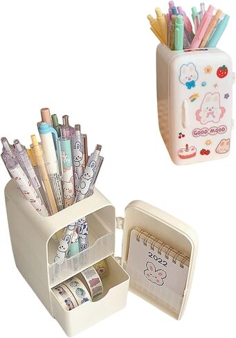 Desk Organizers Pencil Holder with Sticker, Pen Holder with Drawer, Makeup Brush Holder, Pen Organizer Storage for School Office, Multi-Functional Pencil Holder (White) in Saudi Arabia