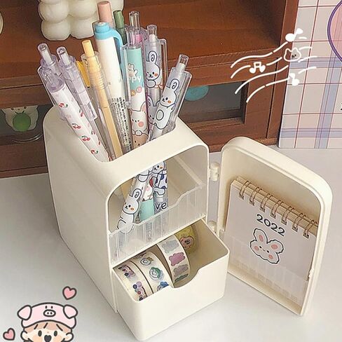 Desk Organizers Pencil Holder with Sticker, Pen Holder with Drawer, Makeup Brush Holder, Pen Organizer Storage for School Office, Multi-Functional Pencil Holder (White) in Saudi Arabia