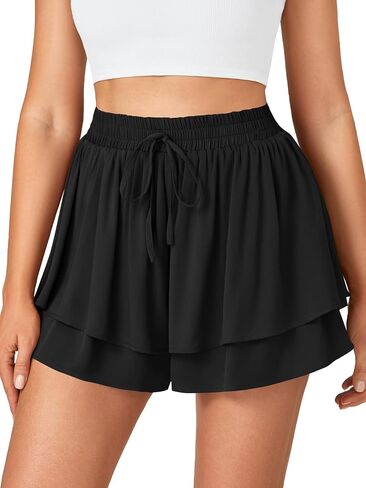 Umenlele Women's Casual Smocked Drawstring Elastic High Waist Layered Ruffle Shorts Pants in Saudi Arabia
