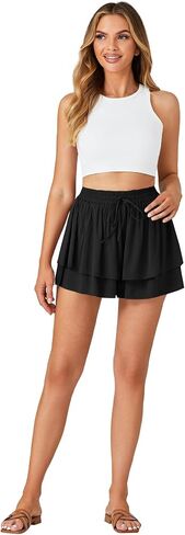 Umenlele Women's Casual Smocked Drawstring Elastic High Waist Layered Ruffle Shorts Pants in Saudi Arabia