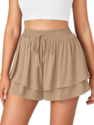 Umenlele Women's Casual Smocked Drawstring Elastic High Waist Layered Ruffle Shorts Pants in Kuwait