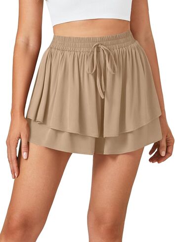 Umenlele Women's Casual Smocked Drawstring Elastic High Waist Layered Ruffle Shorts Pants in Kuwait