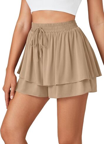 Umenlele Women's Casual Smocked Drawstring Elastic High Waist Layered Ruffle Shorts Pants in Kuwait