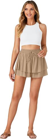 Umenlele Women's Casual Smocked Drawstring Elastic High Waist Layered Ruffle Shorts Pants in Kuwait