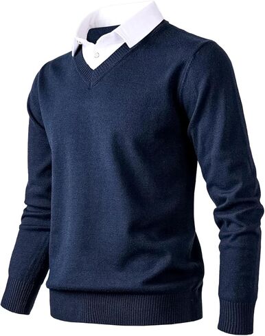 سترة رجالية متماسكة سترة صوفية عصرية ناعمة الملمس ورقبة على شكل حرف V مع ياقة قميص وهمية باللون الأزرق الداكن in Kuwait